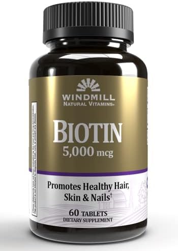 Windmill Natural Vitamins Biotin 5000 mcg, Supports Healthy Hair, Skin & Nails, Metabolism Booster, 60 Count, 60 Servings...
