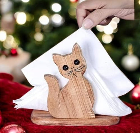 FRESCORR - Handmade Real Wood Cat Shape Napkin Holder 6.5 inches, (Light Wood)...
