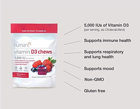 humanN Vitamin D3 Chews - High Potency Vitamin D3 5000iu (125mcg) Helps Support Healthy Mood, Immune Support, Respiratory Health & Bone Health, Mi...