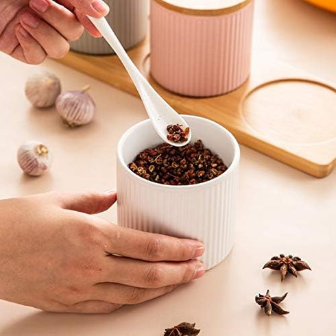 Ceramic Embossed Stripe Sugar Bowl Spice Jar Storage Seasoning Pot with Lid Spoon...