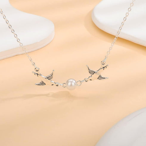 Kercisbeauty Double Swallow Flying Bird Silver Necklace with Pearl for Women Boho Collar Bone Choker...