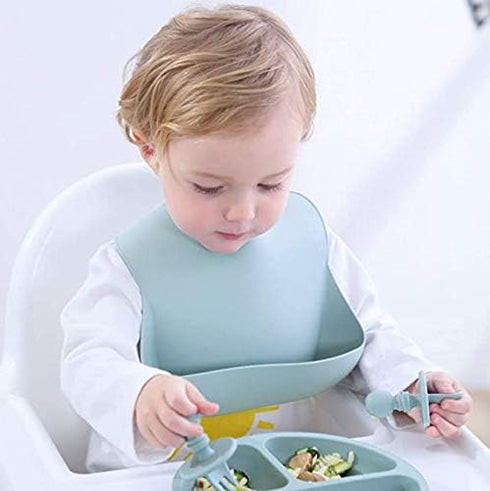 Baby Feeding Set Silicone Baby Bib Baby Plate Bowl Spoon Fork Divided Plate Baby Teether Baby Led Weaning Baby Gift Set...