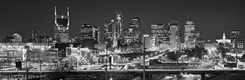 PHOTOSBYJON Nashville Skyline Photo Print UNFRAMED Night Black and White BW Downtown City 11.75 inches x 36 inches Photographic Panorama Poster Pi...
