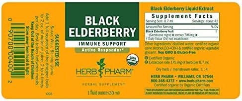 Herb Pharm Certified Organic Black Elderberry Liquid Extract for Immune System Support, Organic Cane Alcohol, 1 Oz...