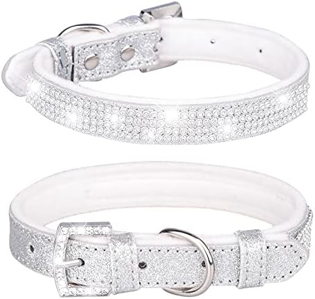 Rhinestone Dog Collar, Cute Dazzling Sparkling Leather Dog Cat Rhinestone Collar Crystal Diamond Pet Dog Puppy Collar (S:21-27cm, Silver)...