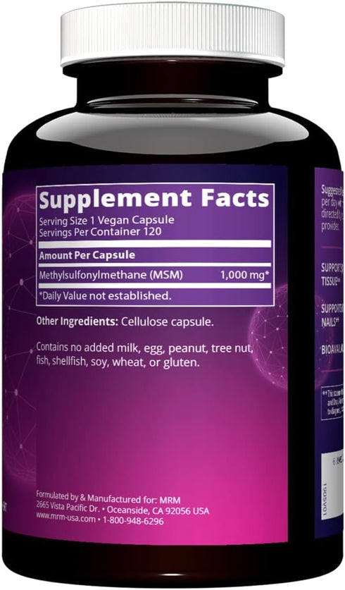 MRM Nutrition MSM 1000mg | Methyl-sulfonyl-methane capsules | Joint health | Hair + skin + nails | Bioavailable form of sulfur | Gluten-free + Veg...