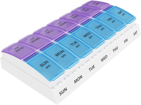 Ezy Dose Weekly (7-Day) AM/PM Pill Organizer, Vitamin and Medicine Box, Small Pop-out Compartments, 2 Times a Day, Blue and Purple Lids...