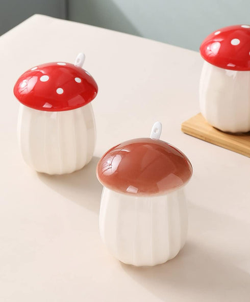 Ceramic Mushroom Shape Sugar Bowl Spice Jar Seasoning Pot with Lid Spoon...