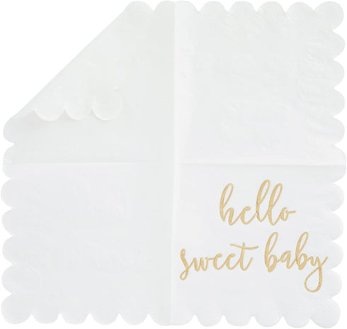 50 Pack 5x5 Inch White Scalloped Napkins with Gold Foil Hello Sweet Baby - Gender Neutral Baby Shower Napkins & Table Decor for Boy Girl Sprinkle ...