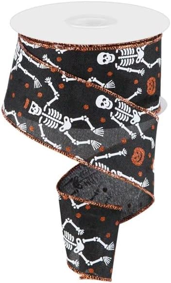 Skeleton Pumpkin Halloween Canvas Wired Edge Ribbon : Black, Orange, White - 2.5" x 10 Yards (30 Feet)...