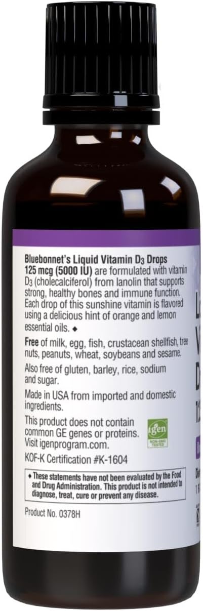 Bluebonnet Nutrition Liquid Vitamin D3 Drops 5000 IU, Aids in Muscle and Skeletal Growth, D3, Non GMO, Gluten Free, Soy Free, Dairy Free, Kosher, ...