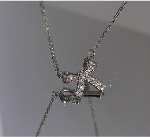 silver bow necklace, Women's bow collarbone chain, Bow necklaces for women, Bow pendant necklaces, sparkling fine rhinestone necklaces, Necklace J...