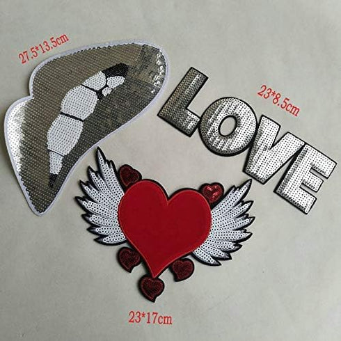 3 Pcs Silver Series Sequin Letter Embroidery Patch/Red Love Wing Patch/Silver BigMouth Patch Patch Garment DIY Decoration Accessories(Silvery)...