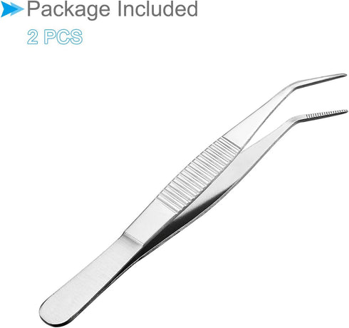 Tweezers, 125mm Length, Stainless Steel Curved Pointed Serrated Tip Tweezer - (Applications: for Mechanical Equipment Product Repair), 2-Pieces...