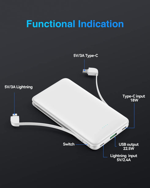 Clutch Charger iPhone Power Bank 12000mAh Battery Pack QC22.5W/PD20W Fast Charging with Built in LT/Type-C Cables and USB Output for IPhone15/14/1...