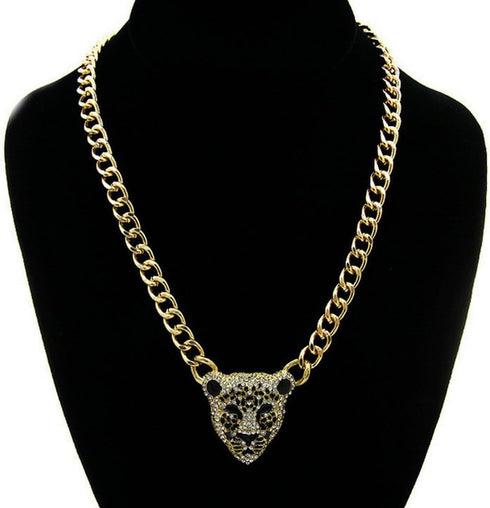 Chunky Cuban Chain Leopard Pendant Choker for Women Men,Animal Cheetah Iced Out Charm Necklace with 14K Gold Plated Link,Faux Diamond Bling Bold S...