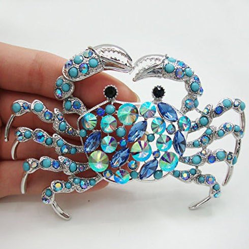 TTjewelry Elegant Silver-Tone Crab Brooch Pin Blue Rhinestone Crystal Jewelry...