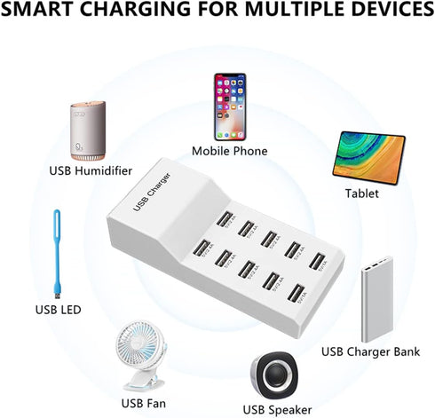 USB Wall Charger 60W USB Charging Station for Multiple Devices Smart Charging Power Hub for Multiple Devices 10 Port Desktop Charger Charging Stat...