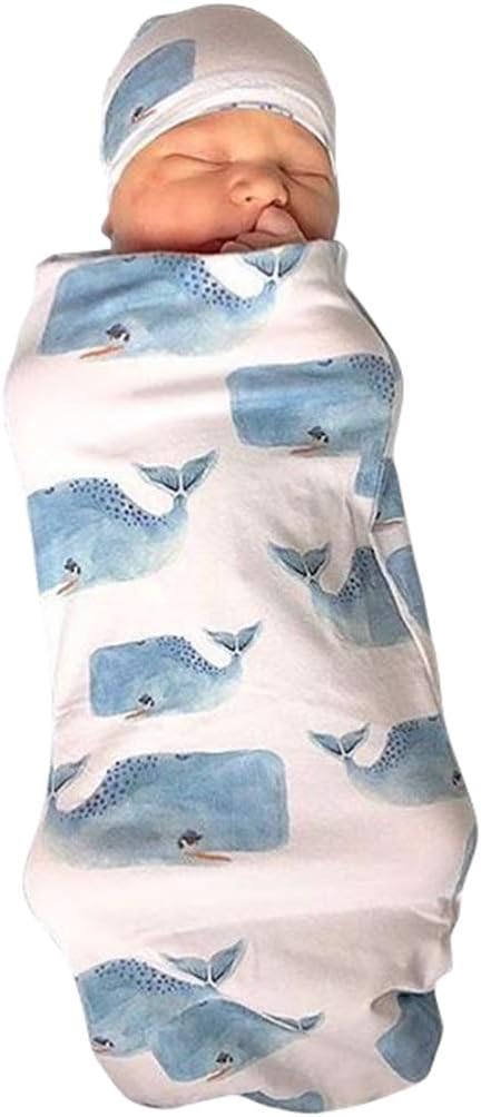 Newborn Infant Baby Sleeping Bag & Hat Cap Shark Print Baby Receiving Blanket Set (Whale, 0-12 Months)...
