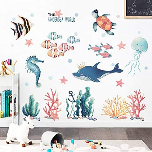 Amaonm Giant Removable 3D DIY Under The Sea World Wall Decals Ocean Animals Wall Stickers Ocean Fish Seahorse Coral Turtle Wall Decor for Girls Be...