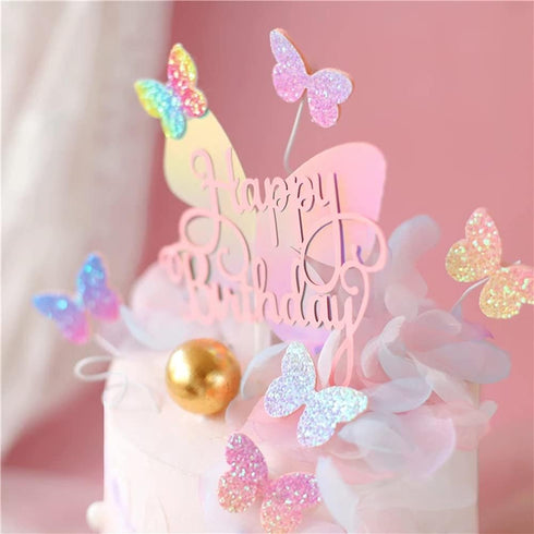Newmemo 12pcs Gradient Sequins Butterfly Cake Toppers, Rose Gold Confetti Balloon Cake Supplies, Glitter Butterflies Cupcake Toppers Picks, Butter...