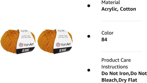 Amigurumi Cotton Yarn, YarnArt Jeans Yarn 55% Cotton 45% Acrylic Lot of 2 Skein 100gr 350yds Knitting Acrylic Cotton 2 Sport Yarn (84)......