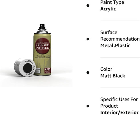 The Army Painter Color Primer Spray Paint, Matt Black, 400ml, 13.5oz - Acrylic Spray Undercoat for Miniature Painting - Spray Primer for Plastic M...