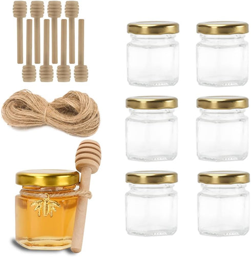 1.5oz 6Pack Mini Glass Hexagon Jars Gold Lids, Bee Charms Honeybee Pendant, Honey Dipper Sticks, Jute Tag String?Wedding Baby Show Thank You Party...