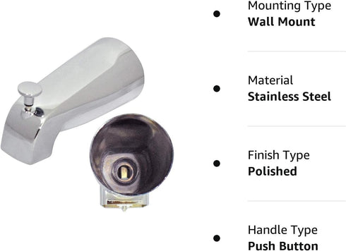 Tub Spout with Front Diverter, 1/2 inch IPS Female Front End Thread, 5-1/4 inch Overall Length, for 4 inch to 4-3/8 inch Length Galvanized Pipe Ni...