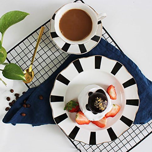 Black and White Retro Series European Striped Polka Dot Coffee Cup and Saucer Mug Cake Plate Afternoon Tea Set (A)...