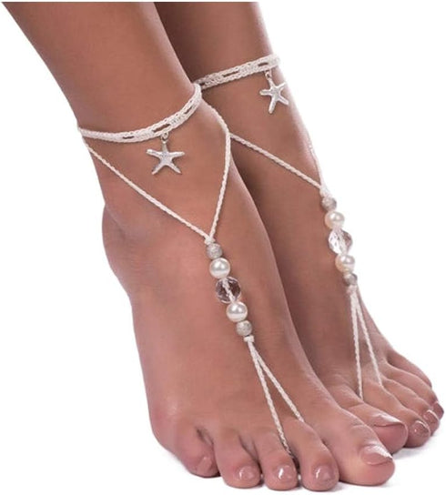 Boho Pearl Barefoot Sandals Beaded Anklets Bracelet Starfish Wedding Foot Chain jewelry 2pcs for Women and Girls...