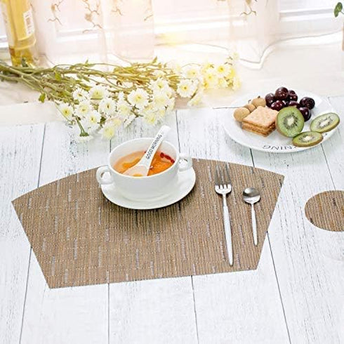 SHACOS Round Table Placemats Set of 4 Wedge Shape Woven Vinyl Place Mats Heat Resistant Wipe Clean Round Table Mats Home Table Decor (4, Tan)...