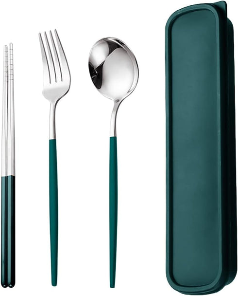 Travel Utensils, Stainless Steel 4pcs Cutlery Set Portable Camp Reusable Flatware Silverware, Include Fork Spoon Chopsticks with Case?Dark green?...