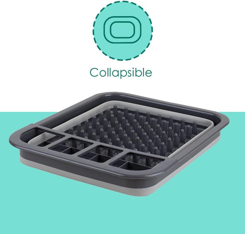 Home Basics Silicone and Plastic Easy Storage Collapsible Dish Rack with Cutlery Holder (Grey)...
