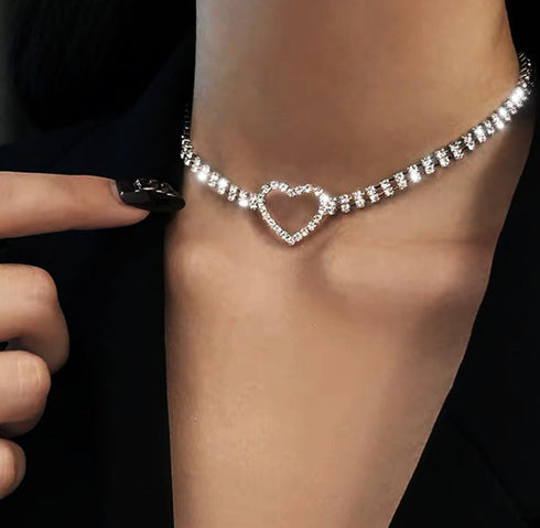 EARENT Rhinestone Choker Necklaces Silver Heart Necklace Chain Sparkly Tennis Chain Neck Jewerly Adjustable for Women...