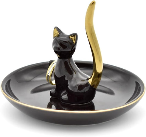 Happy Cat Posture Trinket Tray Decorative Ring Holder Jewelry Storage Dish Black/Golden Tail...