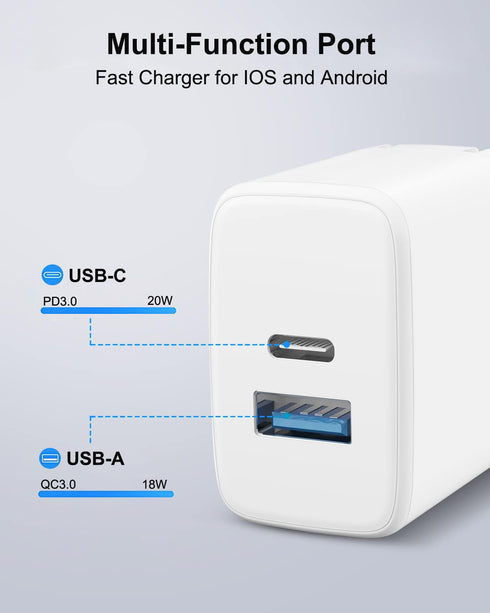 20W Dual Port Fast Charger for iPad 9th 8th 7th Generation 10.2 inch, iPad Air 3/2, iPad Mini 5, Foldable Wall Charger with 6.6ft USB-C to Lightni...