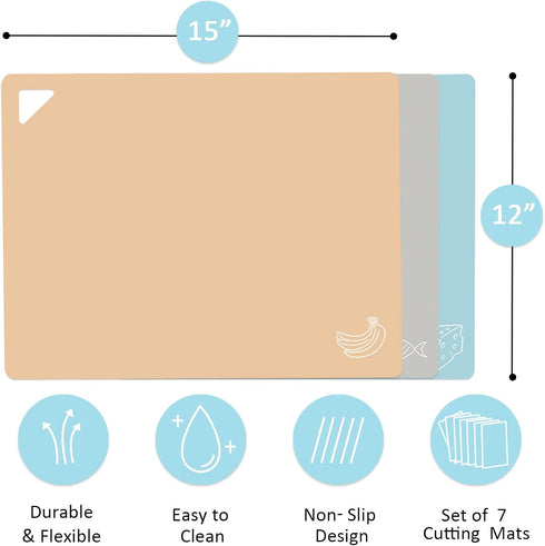 7 Pieces Plastic Flexible Cutting Boards for Kitchen, Non Slip Cutting Mats with Food Icons, Easy-Grip Handles, BPA- Free, 15"x12"...