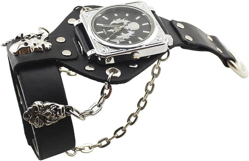 Fashion Hip-Hop Punk Skull Watch for Men Women Black Wide Leather Cuff Band Watch Cool Style Wrist Watches,Chains Locomotive Glove Watch...