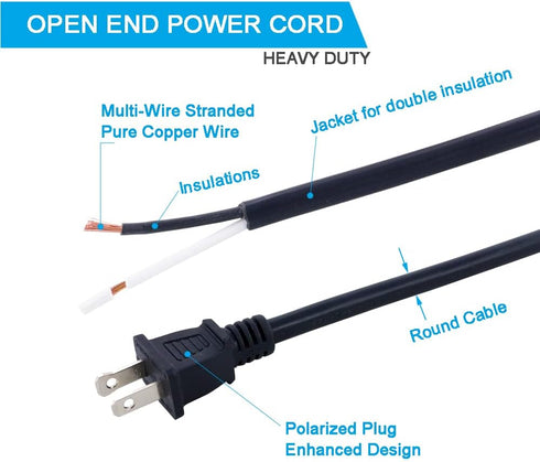 Power Cord Replacement 2 Prong 14AWG SJT Heavy Duty Power Supply Polarized Plug 14 Gauge 6 Foot Pigtail 2 Wires AC Cable Open End 15 Amp 1875W...