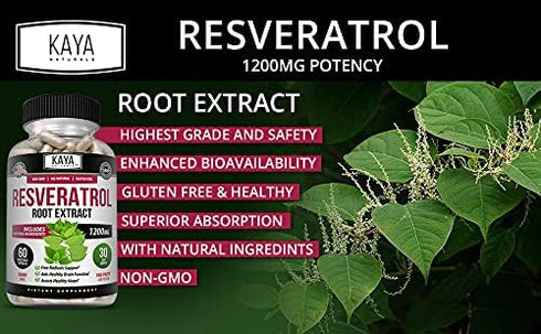 Kaya Naturals - Resveratrol Capsules - Anti Aging Supplement - Antioxidants with Brain Support - Maximum Benefits - 60 Veggies Capsules...