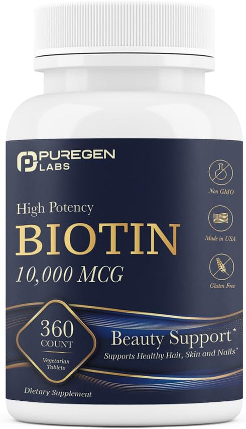 Puregen Labs Biotin 10,000 MCG Supports Healthy Hair, Skin & Nails - High Potency Beauty Support - Non-GMO, Gluten Free | 360 Vegetarian Tablets...