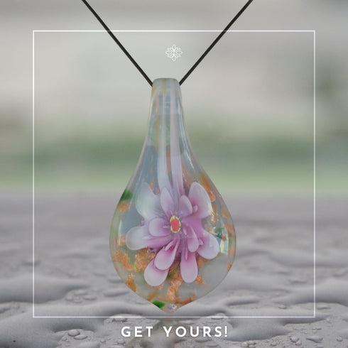 Handmade Murano Inspired Blown Glass Lampwork Art Flower Teardrop Necklace Pendant for Women ? Handcrafted Artisan Hypoallergenic Italian Style Je...