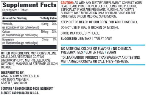 Amazon Elements Calcium plus Vitamin D, Calcium 500mg with D2 600IU, Vegan, 65 Tablets (2 month supply) (Packaging may vary), Supports Strong Bone...