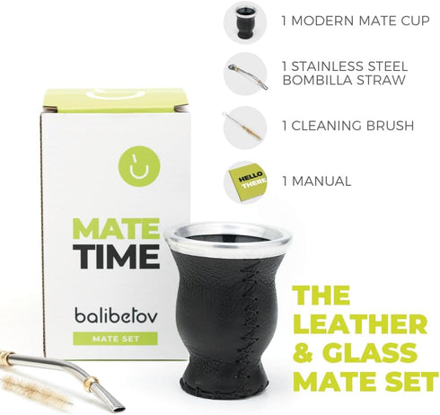 BALIBETOV Leather & Glass Yerba Mate Gourd Set (Mate Cup) with Yerba Mate Bombilla...