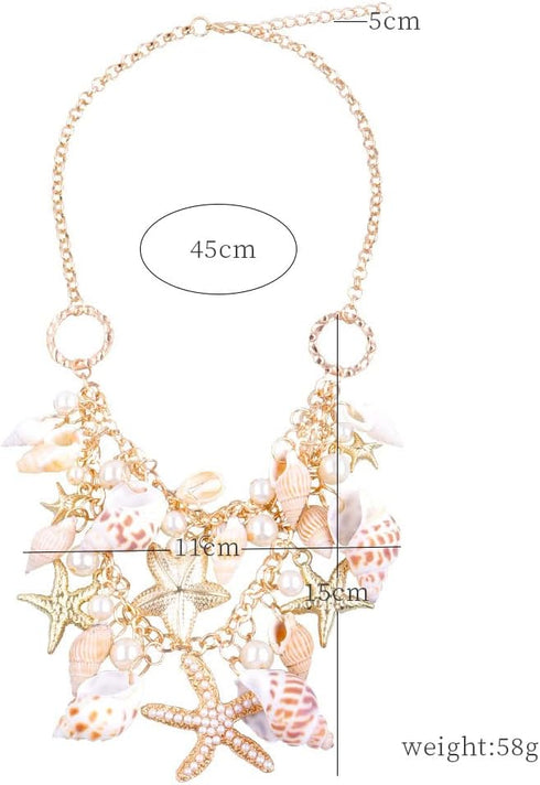 Bohemian Shell Drop Dangle Choker Necklace Large Star Starfish Conch Pearl Chunky Statement Necklace Boho Summer Beach Wedding Seaside Vacation Ac...