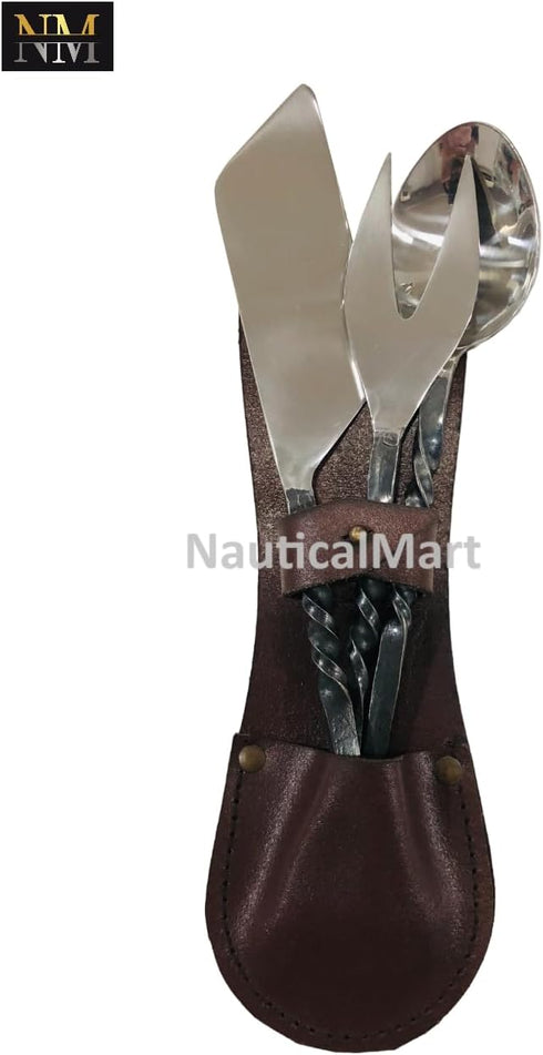 NauticalMart Medieval Feasting Set 3 Pieces Cutlery Knife, Fork, Spoon with leather Case...