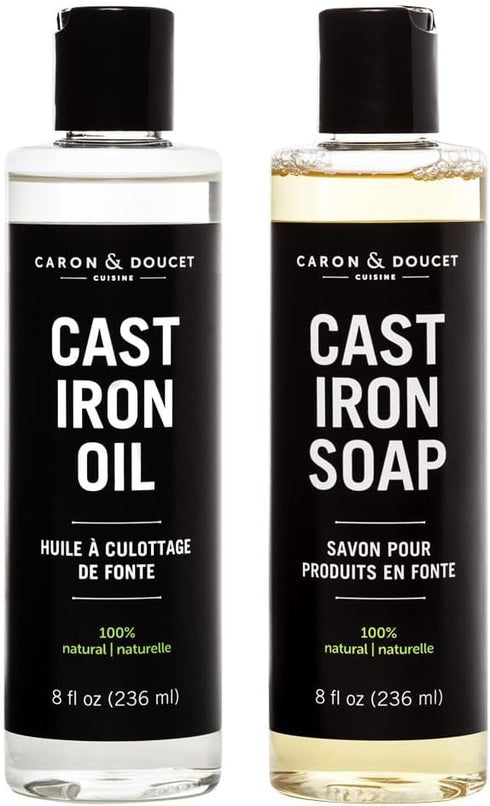 CARON & DOUCET - Cast Iron Cleaning & Conditioning Set: Seasoning Oil & Cleaning Soap | 100% Plant-Based | Best for Washing, Restoring & Seasoning...