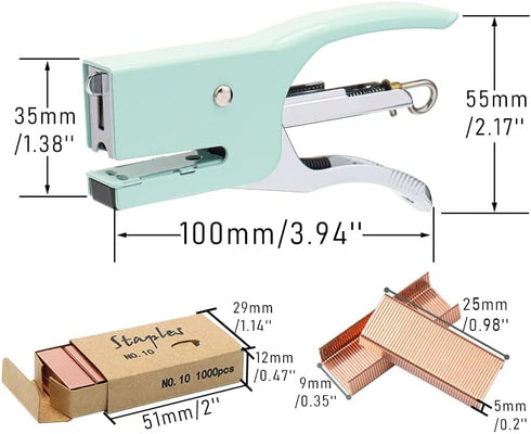 #10 Mini Green Plier Stapler with Staples Set Cute No.10 Manual Stapler with 1000 Rose Gold Staples for Office and Home Accessories Supplies(Green...