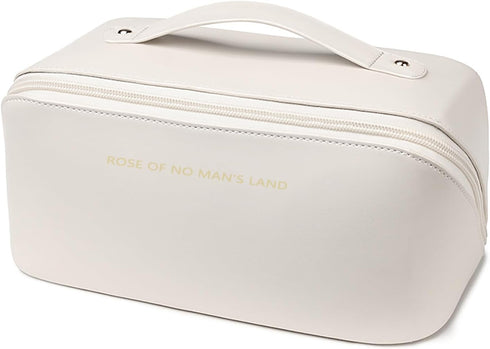 IMCUZUR Travel Makeup Bag Cosmetic Organizer for Women, Portable Skincare Bag for Traveling, Waterproof PU Leather Wide Open Make up Bag (White)...